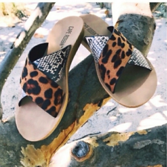 NIB Leopard Snake Slides Flat Wedge Sandal Black Tan animal BOHO sz 6 - Picture 7 of 7